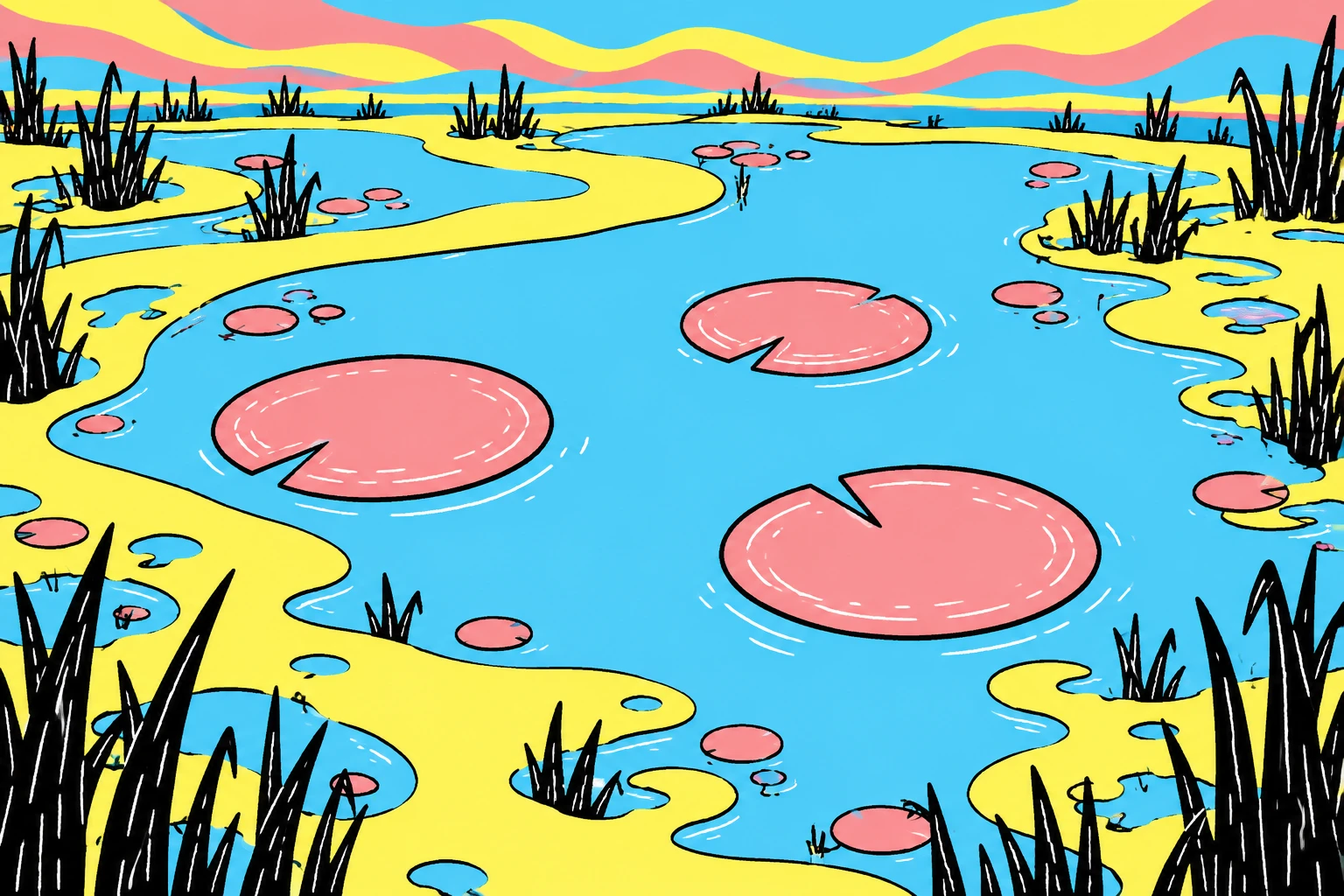 Pink lily pads and black reeds in a cyan psychedelic lagoon